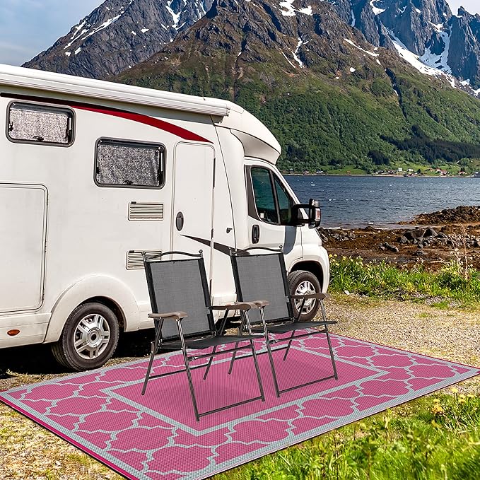 GENIMO 6' x 9' Outdoor Rug Waterproof for Patio Decor, Foldable Reversible Plastic Straw Area Rugs Mat for Camper, Outside Carpet for Rv, Deck, Porch, Picnic, Beach, Balcony, Pink & Grey-HomvellaHome