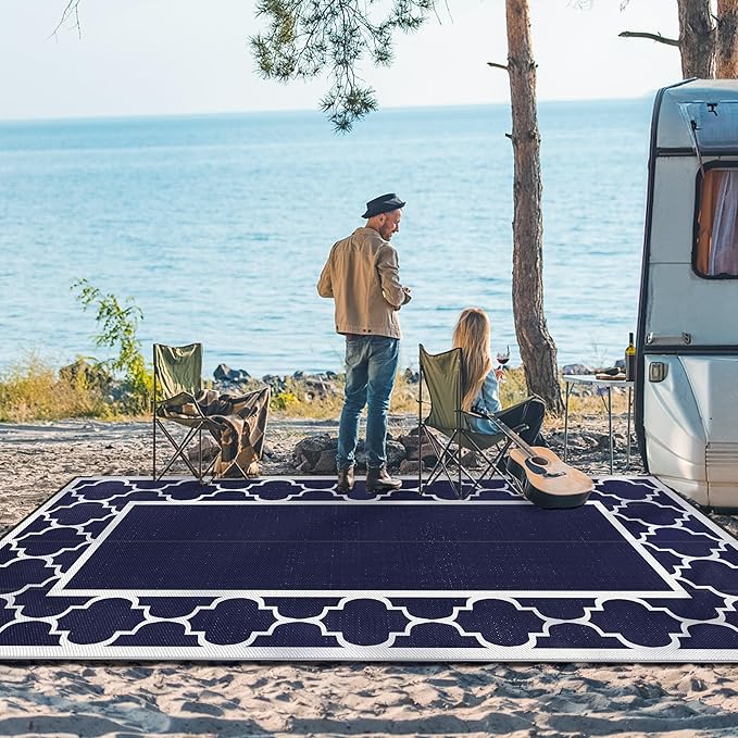 GENIMO 8' x 16' Outdoor Rug Waterproof for Patio, Foldable Reversible Plastic Straw Area Rugs Mat for Rv Decor, Outside Carpet for Camper, Deck, Picnic, Beach, Balcony, Porch, Blue & White-HomvellaHome