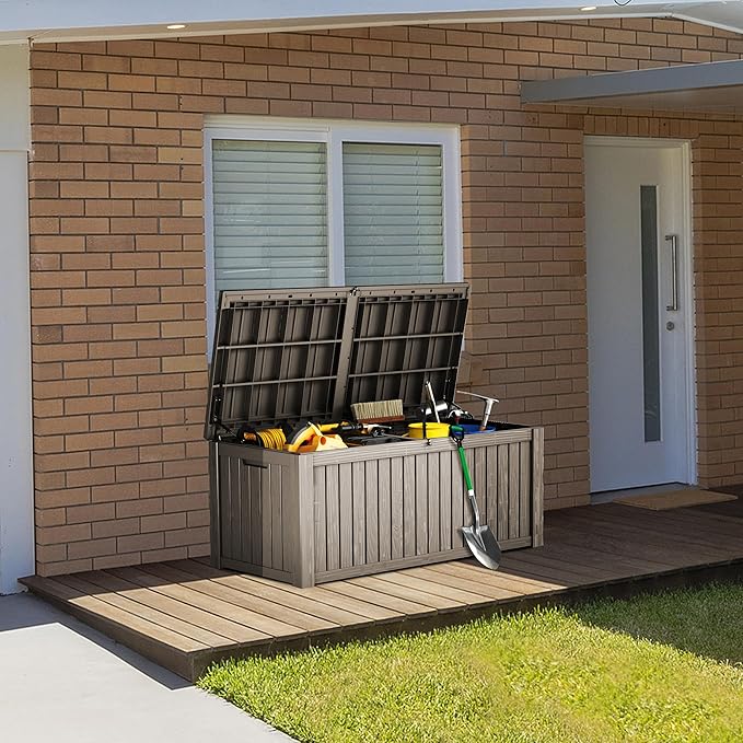 150 Gallon Double-Wall Resin Deck Box - Lockable Waterproof Outdoor Storage Box, 1000lbs Capacity & Doubles as Seating for Patio Furniture - Garden Tools, Pool Accessories (Brown)-HomvellaHome