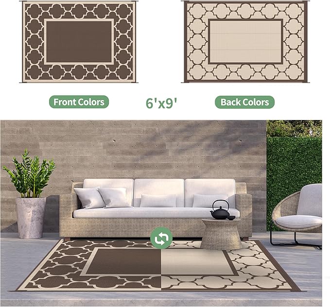 GENIMO 6' x 9' Outdoor Rug Waterproof for Patio Decor, Foldable Reversible Plastic Straw Area Rugs Mat for Camper, Outside Carpet for Rv, Deck, Porch, Picnic, Beach, Balcony, Coffee & Beige-HomvellaHome