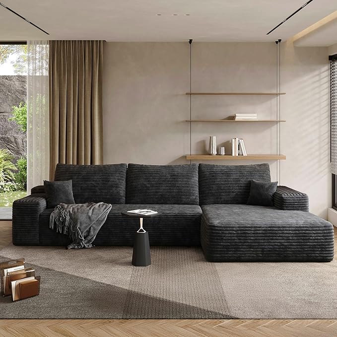 108" Sectional Couches for Living Room Modern Modular Sofa with L-Shape Couchs Upholstered Boneless Couch Deep Seat Sectional Couch with Chaise (Black, Right Facing Chaise+2Seaters)-HomvellaHome