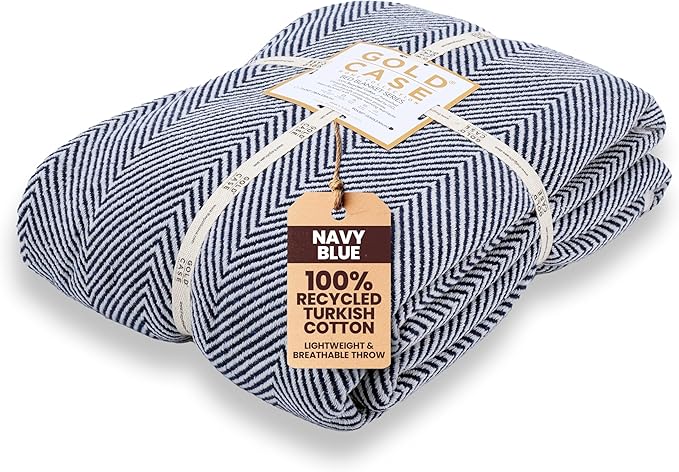 Gold Case Throw Blanket for Bed – 100% Recycled Turkish Cotton Bed Blanket – Decorative Throw Cotton Blankets for Living Room & Bedroom – Elegant Navy Blue Woven Queen Blankets – 90x90-HomvellaHome