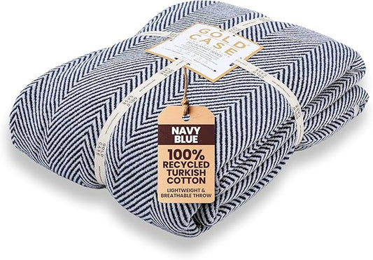 Gold Case Throw Blanket for Bed – 100% Recycled Turkish Cotton Bed Blanket – Decorative Throw Cotton Blankets for Living Room & Bedroom – Woven Twin Blankets - 71x90 - Navy Blue-HomvellaHome