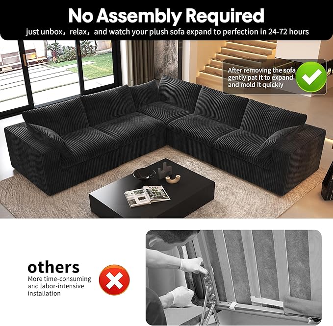 118" V Shaped Corner Modern Sofa Modular Sectional Cloud Couch,Deep Seat Upholstered Couches with Plush Corduroy Fabric for Living Room Furniture,Bedroom and Apartment,No Assembly Required,Black-HomvellaHome