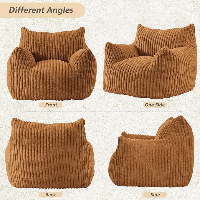 Giant Bean Bag Chairs for Adults Teens, Large Bean Bag Sofa Chairs with Filling Comfy Fuzzy BeanBag Chair with Armrests for Bedroom Living Room Reading (Brown, Large)-HomvellaHome