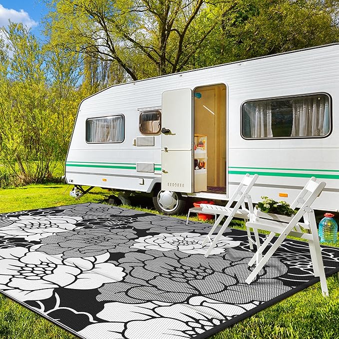 GENIMO Outdoor Rug Waterproof for Patio Decor, 9' x 12' Reversible Plastic Straw Floral Camping Carpet, Large Area Rugs Mats for RV, Camper, Deck, Balcony, Porch, Beach, Picnic, Mix-Black & White-HomvellaHome