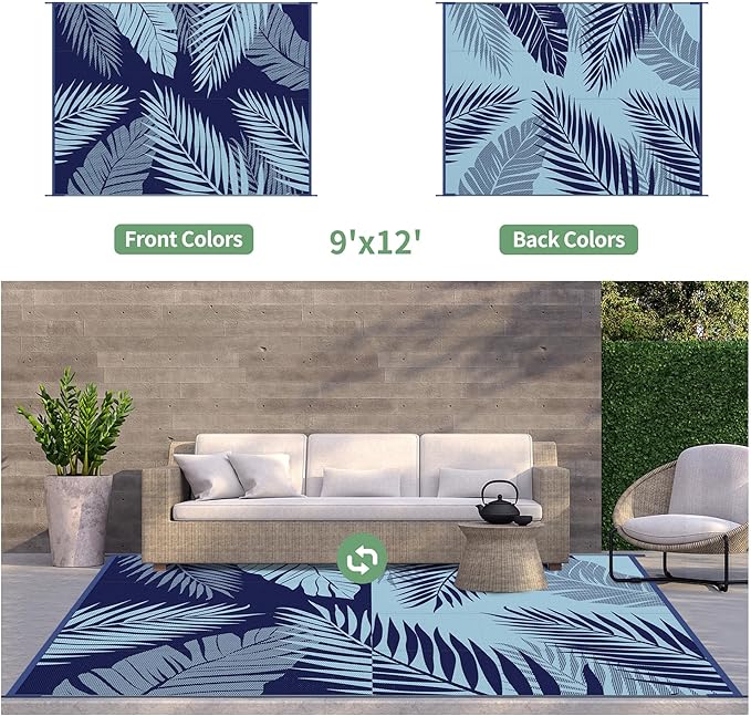 GENIMO Outdoor Rug 9' x 12' Waterproof for Patios Clearance, Reversible Outdoor Plastic Straw Camping Rug Carpet, Large Area Rugs Mats for RV, Camper, Deck, Balcony, Porch, Beach, Navy Blue&Baby Blue-HomvellaHome