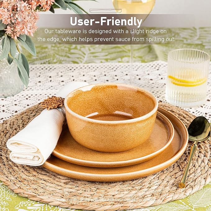 GBHOME Ceramic Dinnerware Sets for 4, 12 Pieces Stoneware Plates and Bowls Sets, Scratch Resistant Dishes, Dishwasher & Microwave Safe, Reactive Glaze-Amber-HomvellaHome