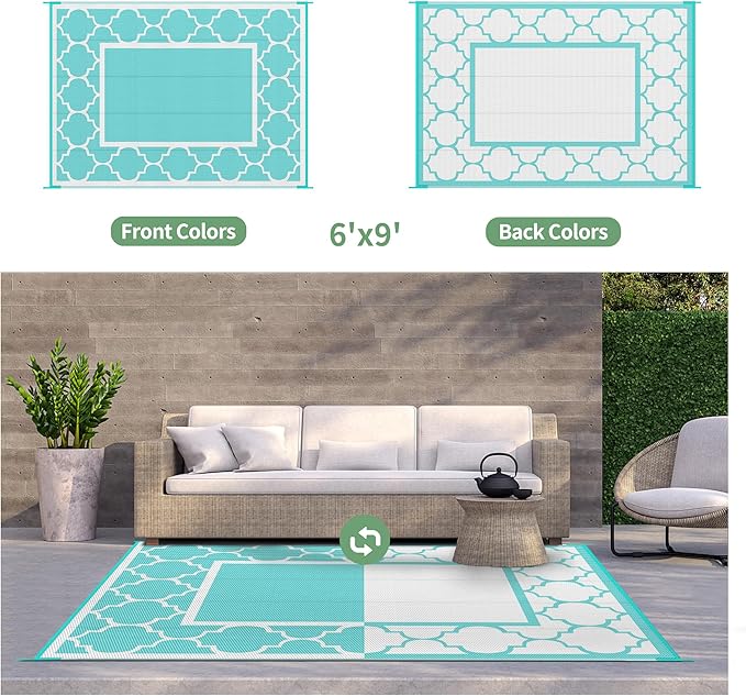 GENIMO 6' x 9' Outdoor Rug Waterproof for Patio Decor, Reversible Plastic Straw Area Mats Carpet for Camper Clearance, Outside Carpet for Rv, Deck, Porch, Beach, Balcony, Aqua Blue & White-HomvellaHome