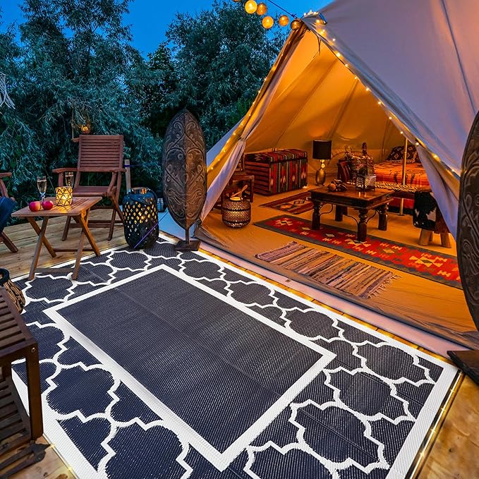 GENIMO 6' x 9' Outdoor Rug Waterproof for Patio Decor, Foldable Reversible Plastic Straw Area Rugs Mat with String Light, Led Carpet for Camper, Rv, Deck, Porch, Picnic, Beach, Balcony, Blue & White-HomvellaHome