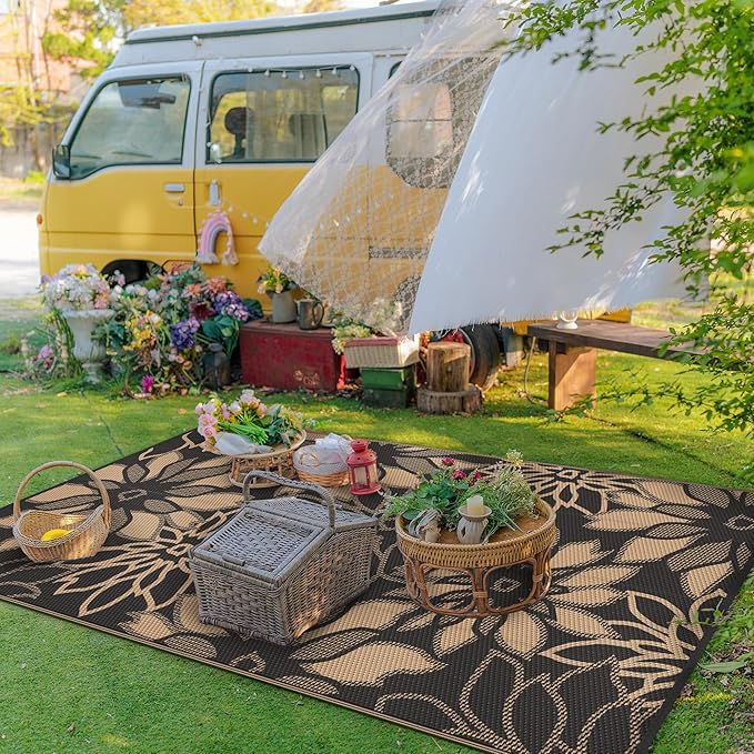 GENIMO Outdoor Rug Waterproof for Patio Decor, 8' x 10' Reversible Plastic Straw Floral Camping Carpet, Large Area Rugs Mats for RV, Camper, Deck, Balcony, Porch, Beach, Picnic, Black & Brown-HomvellaHome