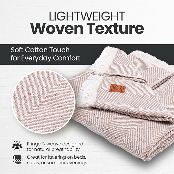 Gold Case Throw Blanket for Couch – 100% Recycled Turkish Cotton Blankets & Throws – Elegant Decorative Throw Blankets for Living Room Sofa – Woven Throws for Couch – Elegant Beige – 60x80-HomvellaHome