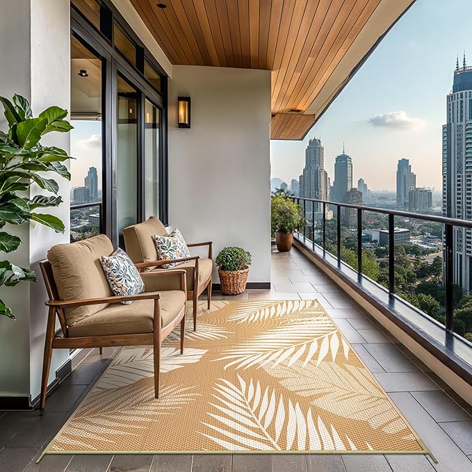 GENIMO Outdoor Rug 5' x 8' Waterproof for Patios Clearance, Reversible, Plastic Straw Camping Rug Carpet, Large Area Rugs Mats for RV, Picnic, Backyard, Deck, Balcony, Porch, Beach, Brown&Beige-HomvellaHome