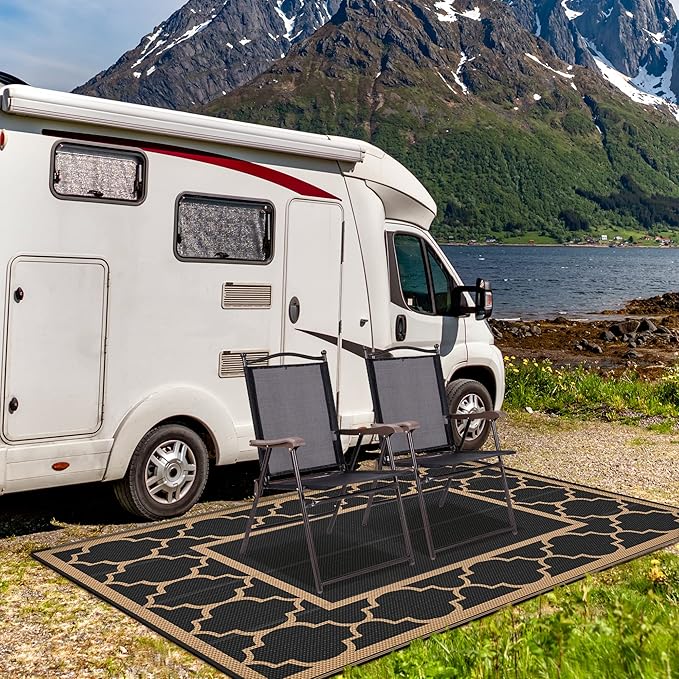 GENIMO 4 ' x 6 ' Outdoor Rug for Patio Clearance, Waterproof Indoor Outdoor Plastic Straw Rugs Carpet, Reversible Outside Area Rv Mat for Camping, Balcony Porch, Deck, Picnic, Beach (Black & Brown)-HomvellaHome