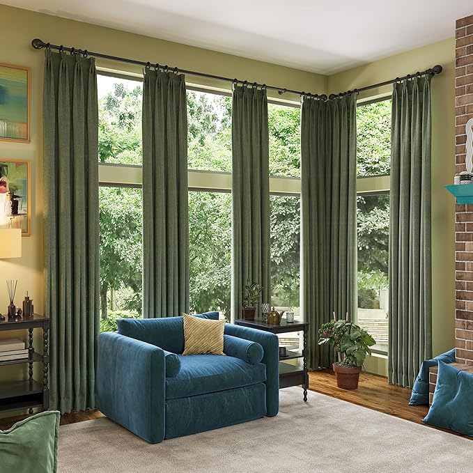 102 Inch Long Linen Blended Blackout Curtains 2 Panels, Back Tab Pleated Look Drapes for Track System with Hooks, Noise Reducing Country Blackout Winodw Curtains 50x102-Loden/Olive Green-HomvellaHome