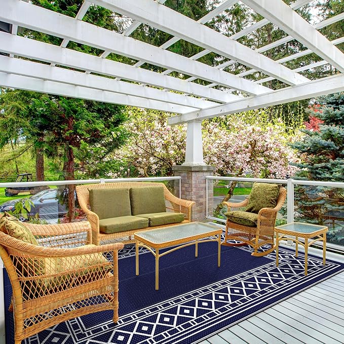 GENIMO Outdoor Rug Waterproof for Patio Decor, 5'x8' Reversible Plastic Straw Rug Carpet, Camping Mats for Outdoor, RV, Backyard, Deck, Balcony, Picnic, Blue & White-HomvellaHome