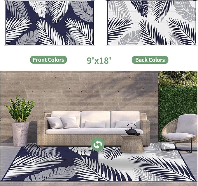 GENIMO Outdoor Rug 9' x 18' Waterproof for Patios Clearance, Reversible Outdoor Plastic Straw Camping Rug Carpet, Large Area Rugs Mats for RV, Camper, Deck, Balcony, Porch, Beach, Navy Blue&White-HomvellaHome