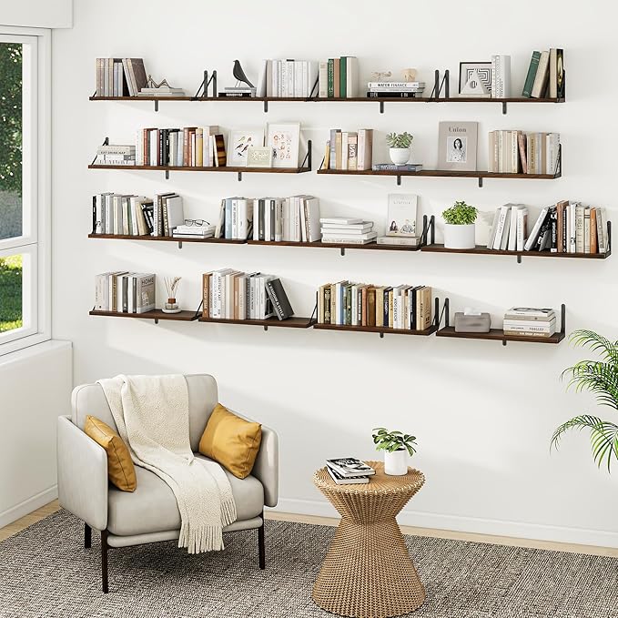 Heimlove 36 Inch Floating Bookshelves Set of 3,Heavy Duty Wall Mounted Bookshelves,Bookshelf for Living Room,Bedroom,Kitchen,Laundry Room Storage & Decor-Walnut Color-HomvellaHome