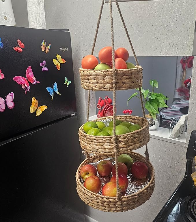 Generic HANFRUBASK - Hanging Fruit Basket Set of 3, Woven Water Hyacinth, Round, Beige, Rustic, Kitchen Storage & Organization-HomvellaHome