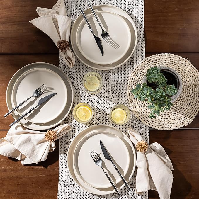 GBHOME Ceramic Dinnerware Sets for 4, 12 Pieces Stoneware Plates and Bowls Sets, Scratch Resistant Dishes, Dishwasher & Microwave Safe, Reactive Glaze-Vanilla color-HomvellaHome