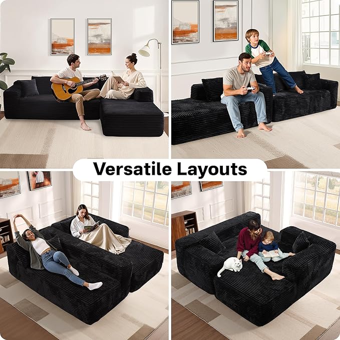 104" Cloudy Sectional L Shaped Couch for Living Room, No Assembly Required, Modular Comfy Sofa with Deep Seat, Fluffy Couch with Sleeper Chaise for Apartment Lounge (Black)-HomvellaHome