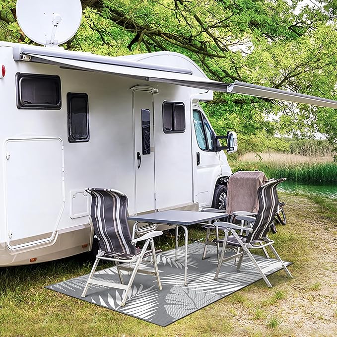 GENIMO Outdoor Rug 3' x 5' Waterproof for Patios Clearance, Reversible Outdoor Plastic Straw Camping Rug Carpet, Large Area Rugs Mats for RV, Camper, Deck, Balcony, Porch, Beach, Picnic, Grey&White-HomvellaHome