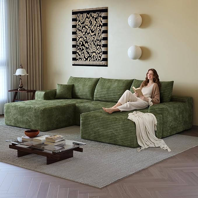 108" Sectional Couches for Living Room Modern Modular Sofa with L-Shape Couchs Upholstered Boneless Couch Deep Seat Sectional Couch with Chaise (Green, Left Facing Chaise+2Seaters+1Ottoman)-HomvellaHome