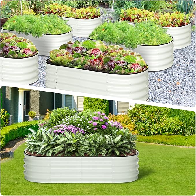 2 Pcs 4.5x2x2ft Oval Raised Garden Bed, Galvanized Raised Beds,Open-Ended Base Metal Raised Planter Beds,Garden Bed Outdoor,Planter Raised Boxes for Vegetables, Flowers,Tool-Free Asse,White-HomvellaHome