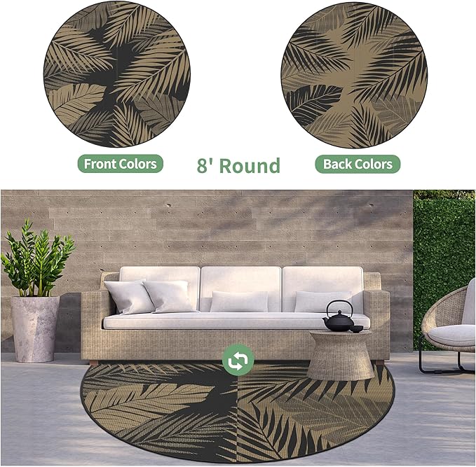 GENIMO Outdoor Rug 8' Round Waterproof for Patios Clearance, Reversible Outdoor Plastic Straw Camping Rug Carpet, Large Area Rugs Mats for RV, Camper, Deck, Balcony, Porch, Beach, Picnic, Black&Brown-HomvellaHome