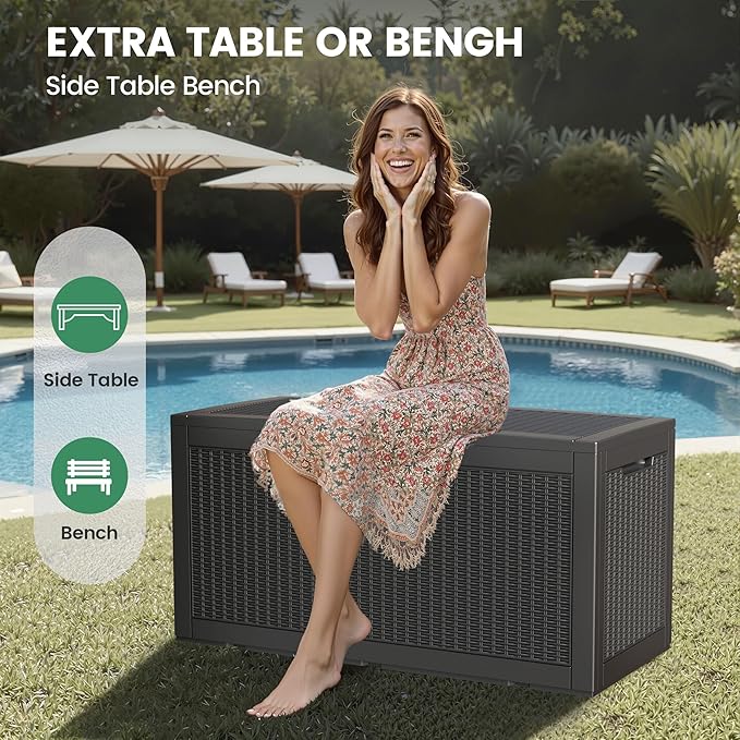 100 Gallon Storage Box, Waterproof Resin Deck Box with Hydraulic Piston Design, Lockable Storage Bench for Package Delivery, Storage Bin for Patio Cushions, Garden Tools, Black-HomvellaHome