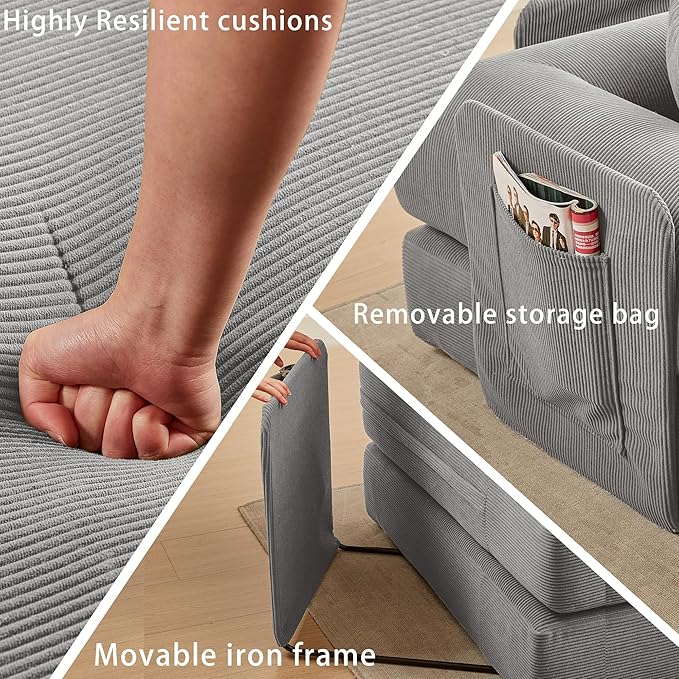 107" Oversized Convertible Sleeper Sofa Bed, Corduroy L Shape Sectional Couch, Folding Sofa Bed with Side Pocket, Modern Cloud Floor Mattress Couch, Modular Sofa for Living Room, Grey-HomvellaHome