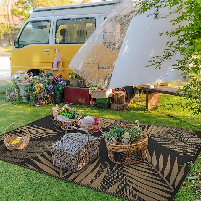 GENIMO Outdoor Rug 8' x 10' Waterproof for Patios Clearance, Reversible Outdoor Plastic Straw Camping Rug Carpet, Large Area Rugs Mats for RV, Camper, Deck, Balcony, Porch, Beach, Picnic, Black&Brown-HomvellaHome