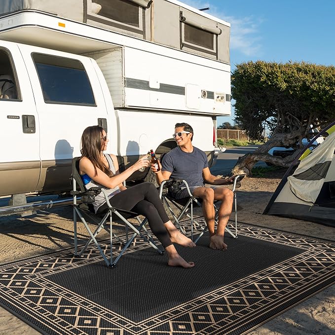 GENIMO Outdoor Rug Waterproof 6'x9' for Patio, Foldable Reversible Plastic Straw Carpet for Travel Trailers, Outside Area Mat for Rv, Deck, Picnic, Porch, Camper, Balcony, Beach, Black & Brown-HomvellaHome