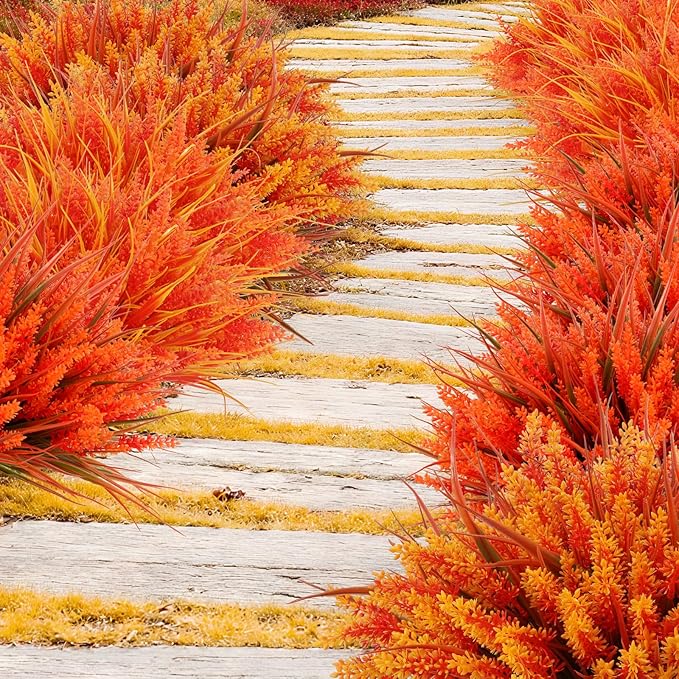 Geegoods Artificial Plants Flowers Outdoor – Faux Lavender Flowers with Monkey Grass UV Resistant Plastic Faux Plants for Garden Porch Window Patio Hanging Planter Home Decor (Autumn-Orange, 48PCS)-HomvellaHome