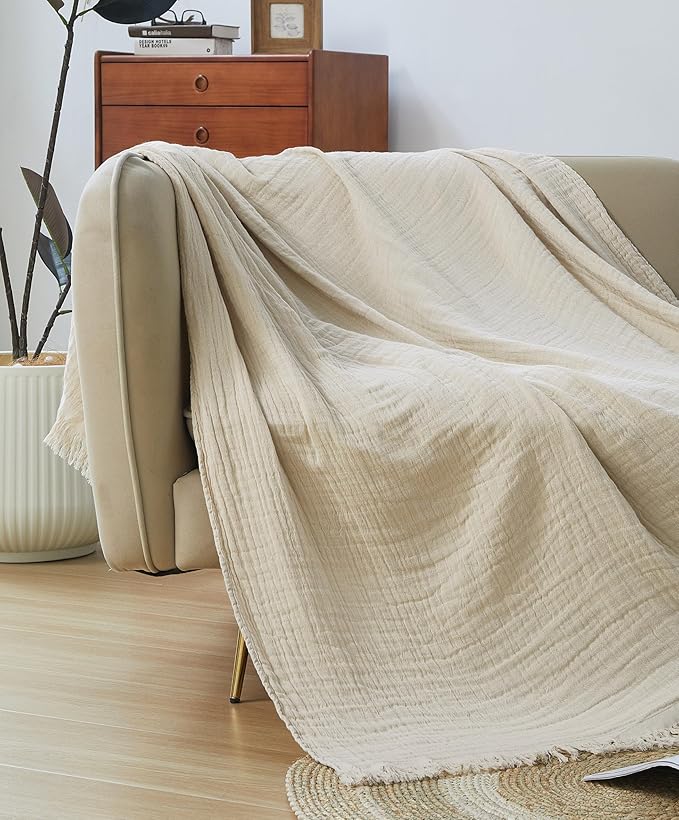 100% Cotton Muslin Throw Blanket for Bed, Couch, Small, Decorative, Soft, Pre-Washed, Breathable and Lightweight Gauze Blanket with Tassels, Suitable for All Seasons, Beige, 50"x60"-HomvellaHome