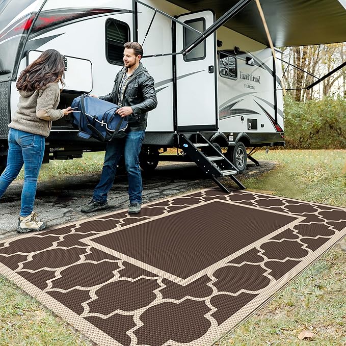 GENIMO 9' x 12' Outdoor Rug Waterproof for Patio Decor, Foldable Reversible Plastic Straw Area Rugs Mat for Camper, Outside Carpet for Rv, Deck, Porch, Picnic, Beach, Balcony, Coffee & Beige-HomvellaHome