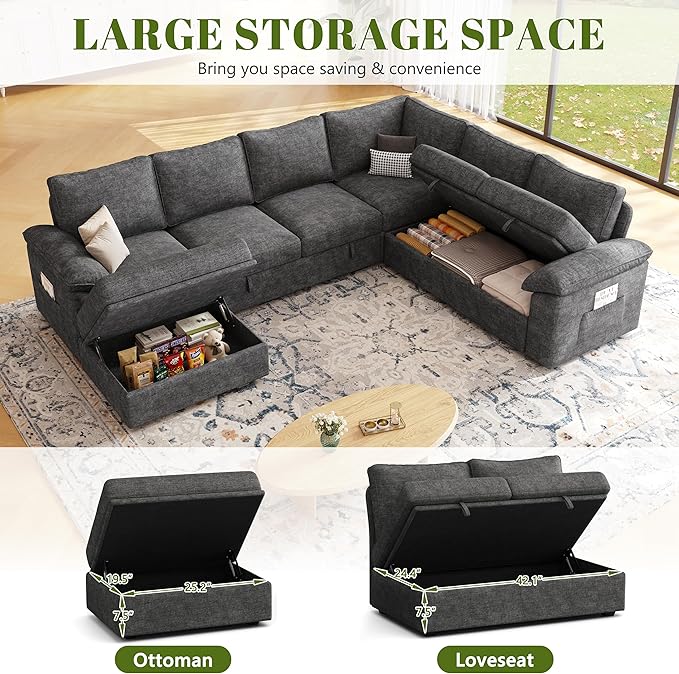 108 Inch Sectional Sleeper Sofa with Pull Out Bed,U Shaped 7 Seat Modular Sectional Sofa with Storage,Sectional Couches for Living Room,Cloud Modular Couch,Removable Sofa Cover,Dark Grey-HomvellaHome