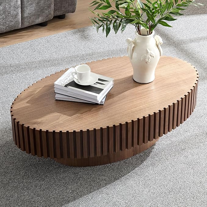 Oval Coffee Table for Living Room, Modern Fluted Coffee Tables with Pedestal Base, Handcrafted Centre Tea Tables Easy Assembly-43.7" Walnut-HomvellaHome