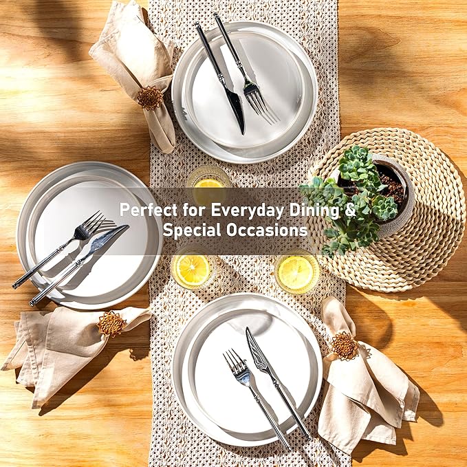 GBHOME Ceramic Dinnerware Sets for 4, 12 Pieces Stoneware Plates and Bowls Sets, Reactive Glaze Dishes -Scratch Resistant, Dishwasher&Microwave Safe-Star White-HomvellaHome