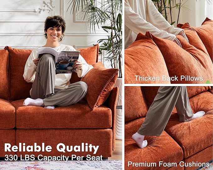 102.6" Modular Sectional Sofa, L Shaped Couch Set for Living Room, 3-Seater Comfy Cloud Couches with Movable Storage Ottoman,DIY Combination - Chenille Terracotta Orange-HomvellaHome