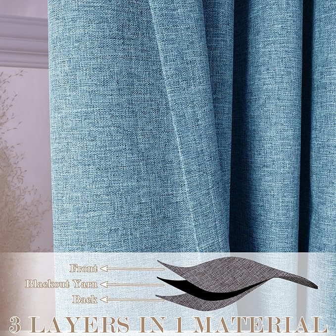 100" W x 84" L Faux Linen Room Divider Curtains, Full Blackout Pinch Pleated Drapes for Traverse Rod, Bedroom Divider Privacy Drapery with Hooks for Ceiling Track, 1 Panel, Blue-HomvellaHome