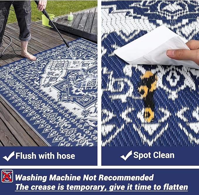 GAOMON Patio Rugs Outdoor 8x10 Waterproof Reversible Plastic Straw Rug, Large UV-Resistant Portable RV Camping Mats, Indoor Outdoor Medallion Carpet for Deck Porch Garden, Dark Blue & White-HomvellaHome