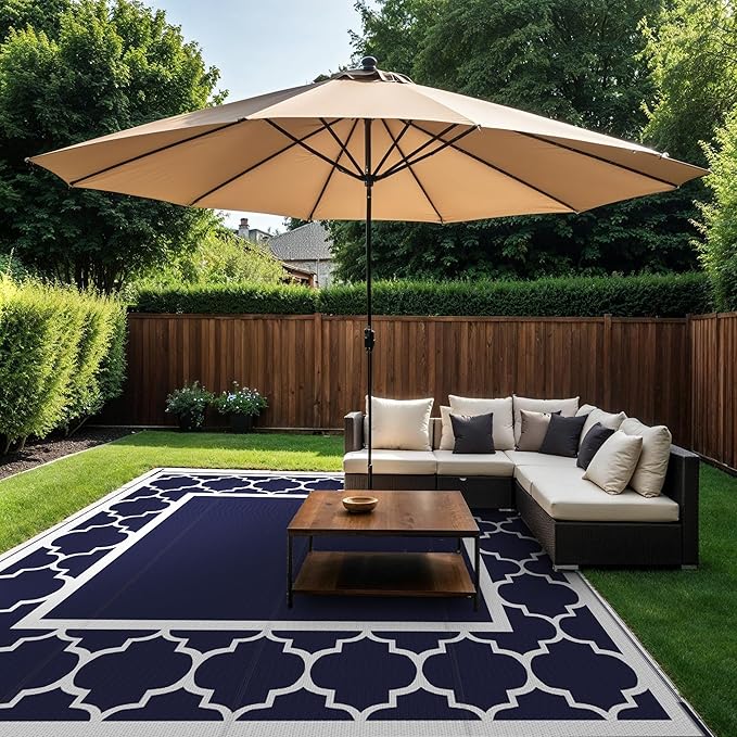 GENIMO 10 ' x 10 ' Outdoor Rug Waterproof for Patio Decor, Foldable Reversible Plastic Straw Area Rugs Mat for Camper, Outside Carpet for Rv, Deck, Porch, Picnic, Beach, Balcony, Blue & White-HomvellaHome