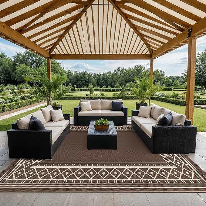 GENIMO Outdoor Rug Waterproof for Patio, 10'x14' Foldable Reversible Plastic Straw Carpet for Travel Trailers, Outside Area Mat for Rv, Deck, Picnic, Porch, Camper, Balcony, Beach, Coffee & Beige-HomvellaHome