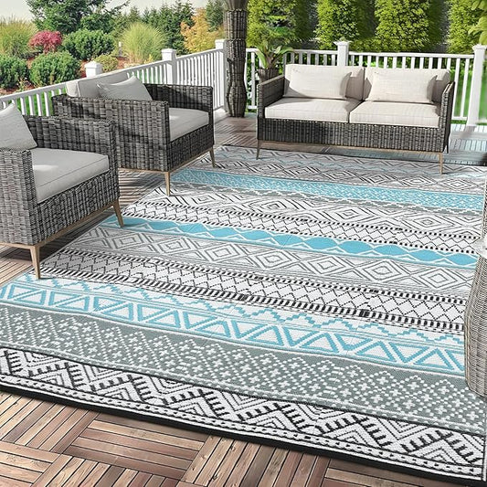 GAOMON Outdoor Plastic Straw Rug, 10'x20' Reversible Sage Green Patio Mat, Flower Modern Design for RV, Backyard, Deck, Camping, Picnic, Blue/Grey(Bohemia)-HomvellaHome