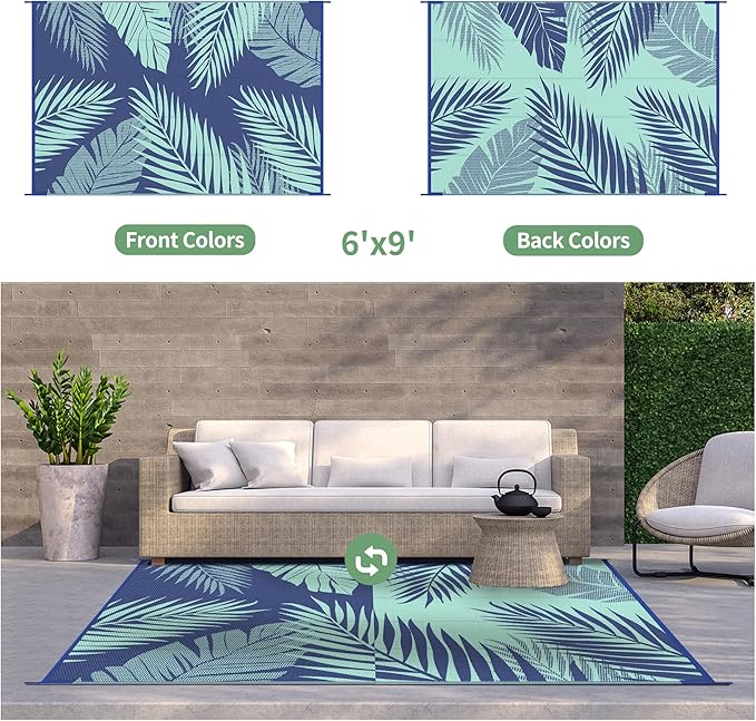 GENIMO Outdoor Rug 6' x 9' Waterproof for Patios Clearance, Reversible Outdoor Plastic Straw Camping Rug Carpet, Large Area Rugs Mats for RV, Camper, Deck, Balcony, Porch, Beach, Royal Blue&Blue Green-HomvellaHome