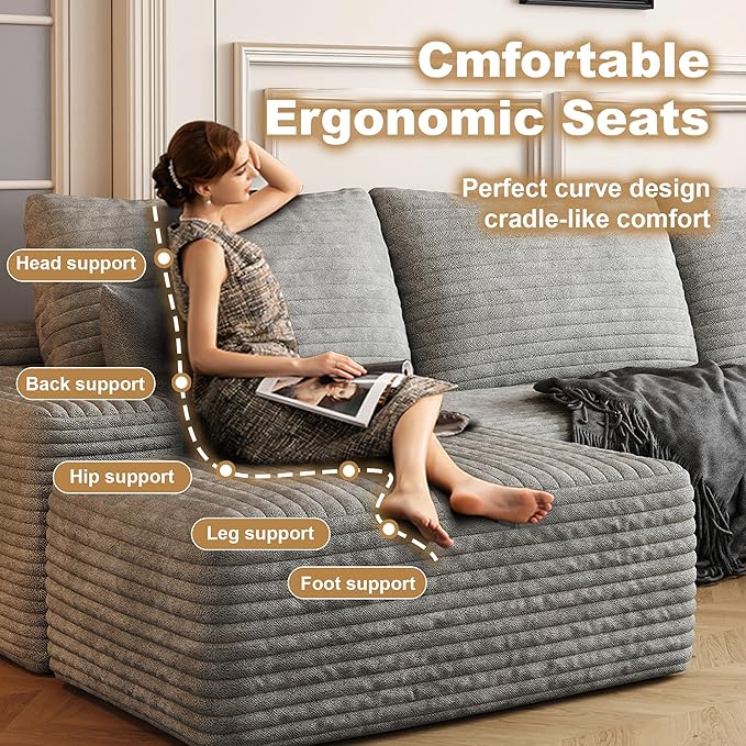 108" Sectional Couches for Living Room Modern Modular Sofa with L-Shape Couchs Upholstered Boneless Couch Deep Seat Sectional Couch with Chaise (Grey, Right Facing Chaise+2Seaters+1Ottoman)-HomvellaHome