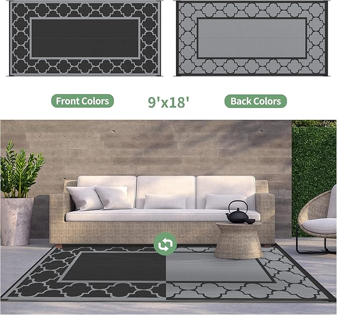 GENIMO 9' x 18' Outdoor Rug Waterproof for Patio, Foldable Reversible Plastic Straw Area Rugs Mat for Rv Decor, Outside Carpet for Camper, Deck, Picnic, Beach, Balcony, Porch, Black & Grey-HomvellaHome