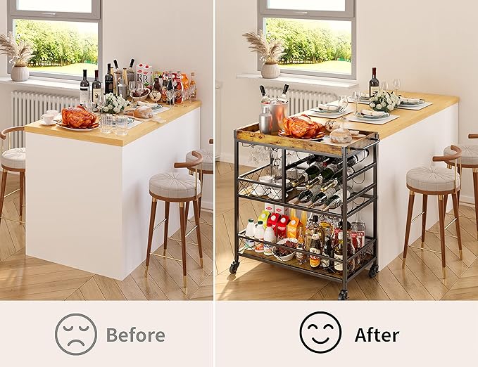 Gizoon Bar Cart, 3 Tier Coffee Cart with Lockable Wheels, 12-Bottle Wine Rack, and Hanging Glass Holder, Kitchen Rack with Removable Tray, for Kitchen, Dining Room, Entertaining, Club Party,Retro-HomvellaHome
