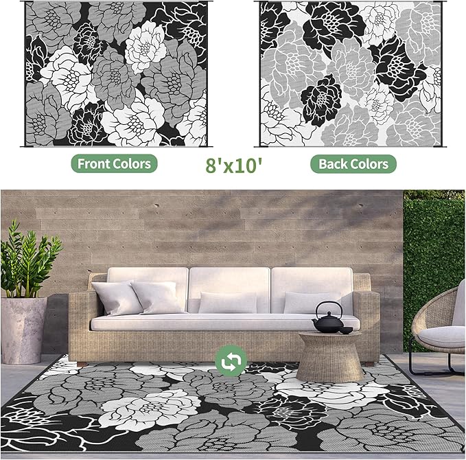GENIMO Outdoor Rug Waterproof for Patio Decor, 8' x 10' Reversible Plastic Straw Floral Camping Carpet, Large Area Rugs Mats for RV, Camper, Deck, Balcony, Porch, Beach, Picnic, Mix-Black & White-HomvellaHome